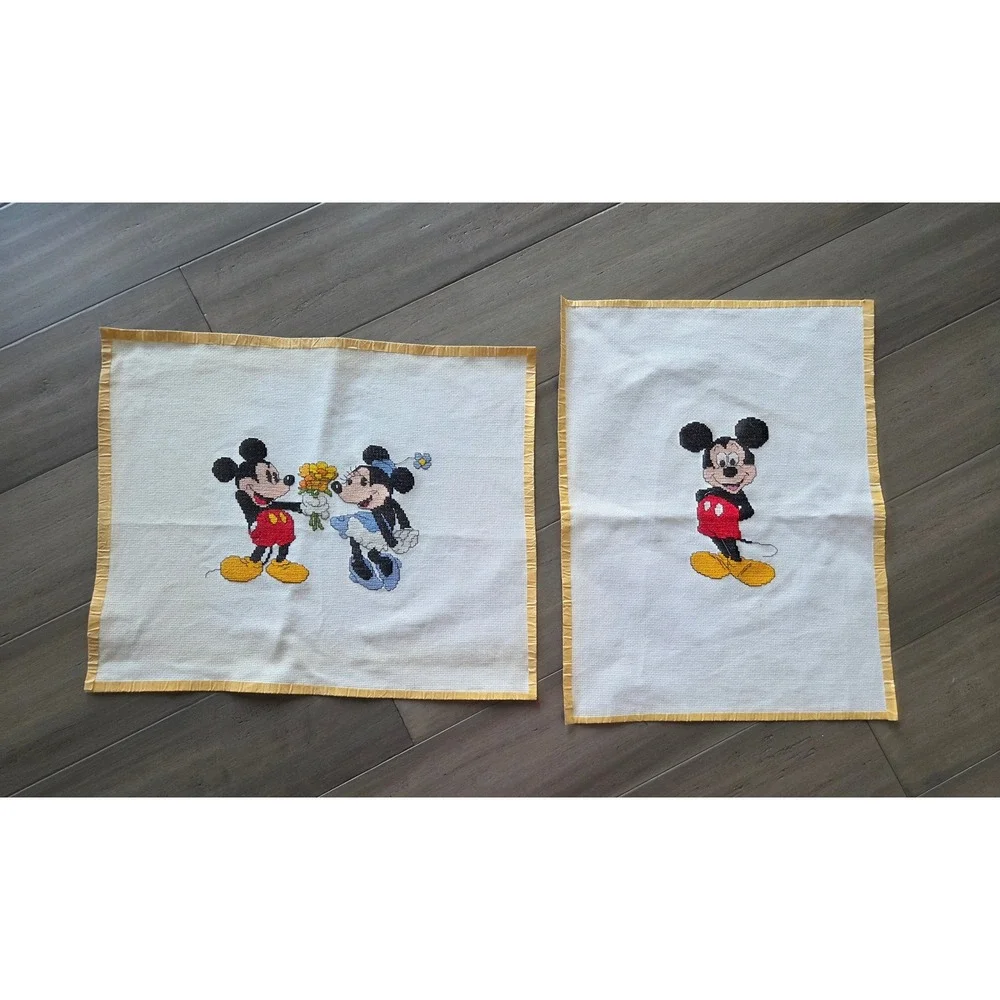 Vintage Disney Mickey Minnie Mouse Cross Stitch Set of 2 Finished, Unframed